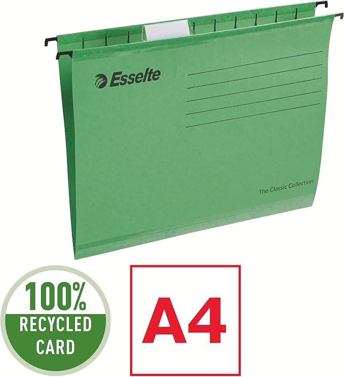 Esselte A4 Reinforced Filing Cabinet Suspension File, Pack 15, Made from Strong 100% Recycled Card, with Tabs and Card Inserts, for Home, Office, School Organisation, Green - Image 3