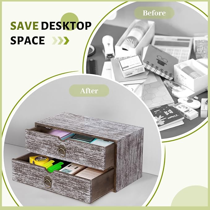 Wood Desk Organizer, Washed Brown Wooden Desktop Organizer with Drawer, Tabletop Storage Organization Box for Countertop, Home Office Supplies, Bills, 13.3 x 6.5 x 7 Inches(2 Drawer) - Image 6