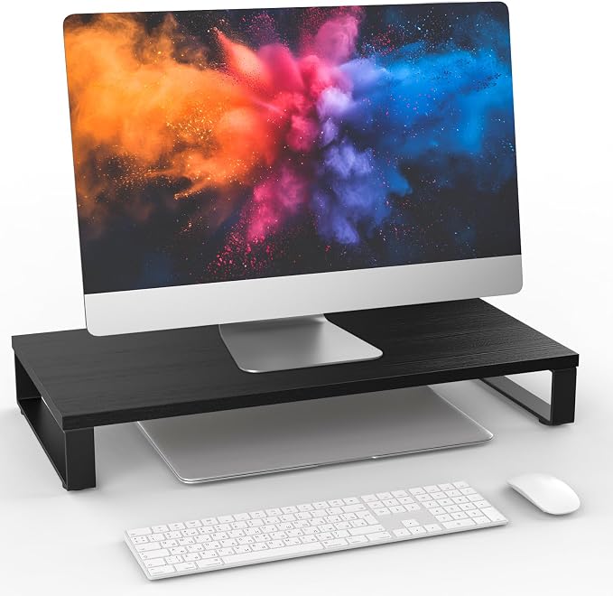 XINYAO Wood Monitor Stand Riser for Desk, 24x12x3 inch, Black | Sturdy wooden & steel computer monitor riser; ergonomic height reduces neck strain; Organizer for Office Laptop, PC, Printer by XINYAODirect