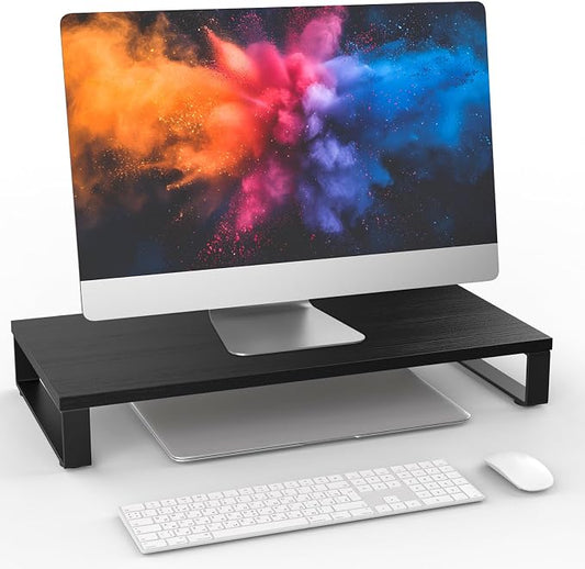 XINYAO Wood Monitor Stand Riser for Desk, 24x12x3 inch, Black | Sturdy wooden & steel computer monitor riser; ergonomic height reduces neck strain; Organizer for Office Laptop, PC, Printer by XINYAODirect