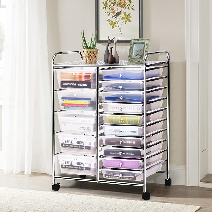COSTWAY 15 Drawer Rolling Storage Cart, Mobile Storage Organizer | Removable Drawers & Metal Frame, Multipurpose Utility Tools Paper Organizer on Wheels for Home, Office (Transparent) - Image 8