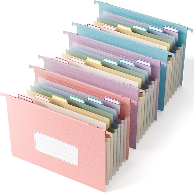 EcoStash Wheat Straw Hanging File Folders,7-Pocket Accordion Organizer | with 1.2" Expansion, Large-Capacity Letter Size for Filing Cabinet, 100% BPA Free, 3-Pack (Pink, Blue, Purple) by EcoStash