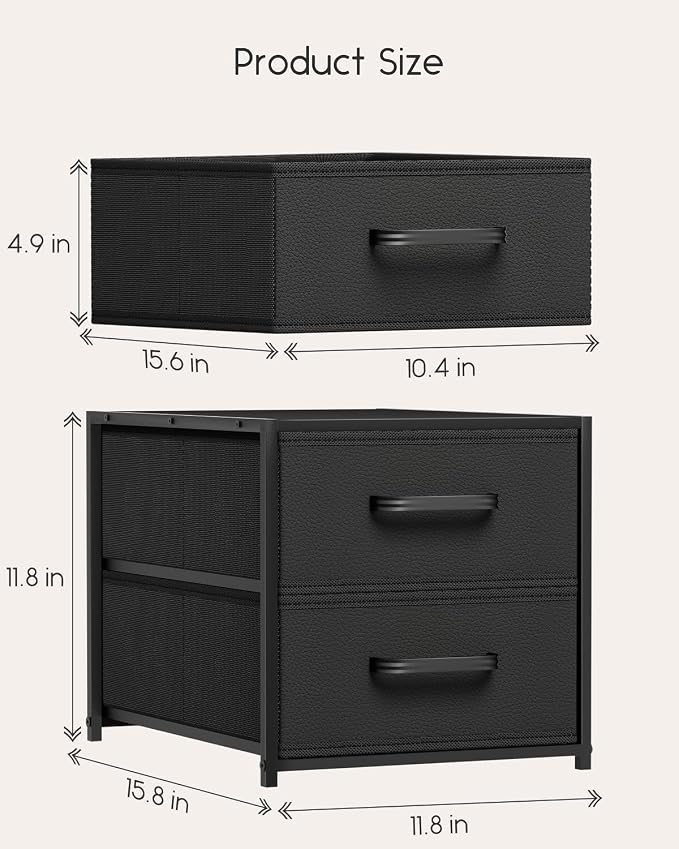 Stackable Storage Drawers - 2 Tier Closet Organizer with Metal Handles, Fabric Dresser with Collapsible Bins for Bedroom, Dorm, Office, Black, 2 Pack - Image 3