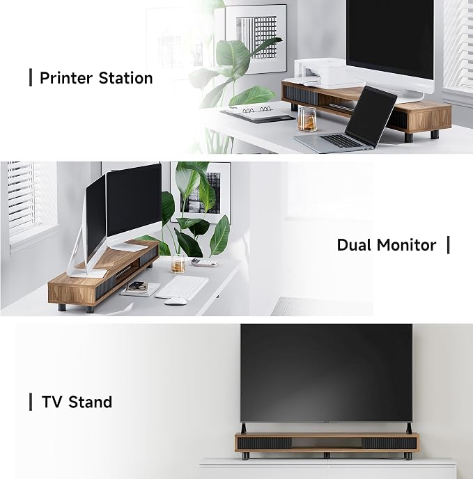 Fenge Dual Monitor Stand with Storage, Desk Shelf with Glass Sliding Door | Ergonomic Height Adjustment, 42.5in Monitor Shelf, 2-Tier Monitor Riser, Desk Organizer for Screen, PC, Laptop, Brown - Image 6