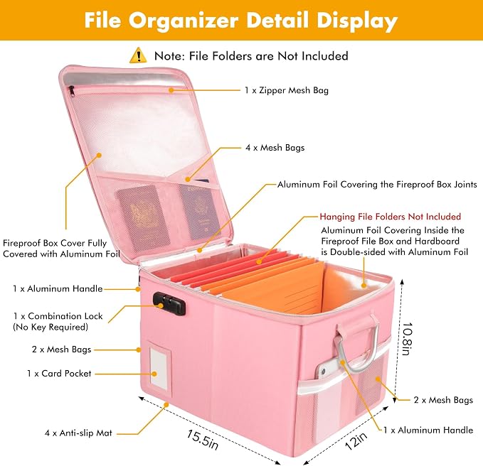 TOMKID 5200°F Fireproof Document Box, Fire Important Document Organizer with Lock, Upgraded Heat Insulated Filing Storage Cabinet Office Organization (5200°F Fireproof Box, Pink) - Image 3