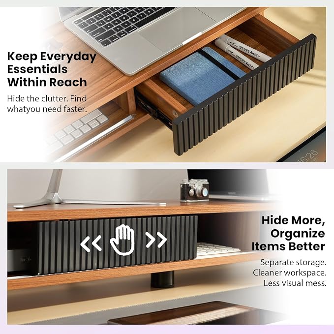Artswish Dual Monitor Stand with Power Outlet, 42" Walnut Monitor Riser | Built-In Power Outlet, Drawer & Sliding Door Storage, Ergonomic Viewing Height, Walnut Wood Finish, For Office Work & Study - Image 6