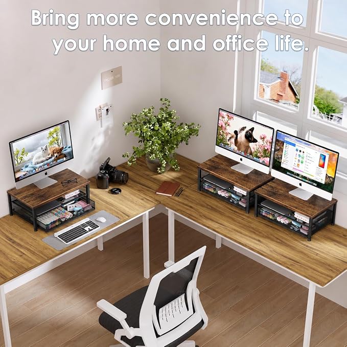 Computer Monitor Stand Riser, Desk Organizer with Drawer, Printer & Laptop Stand, Office Desk Accessories & Workspace Desktop Organizers Storage for Office Supplies(Brown) - Image 4