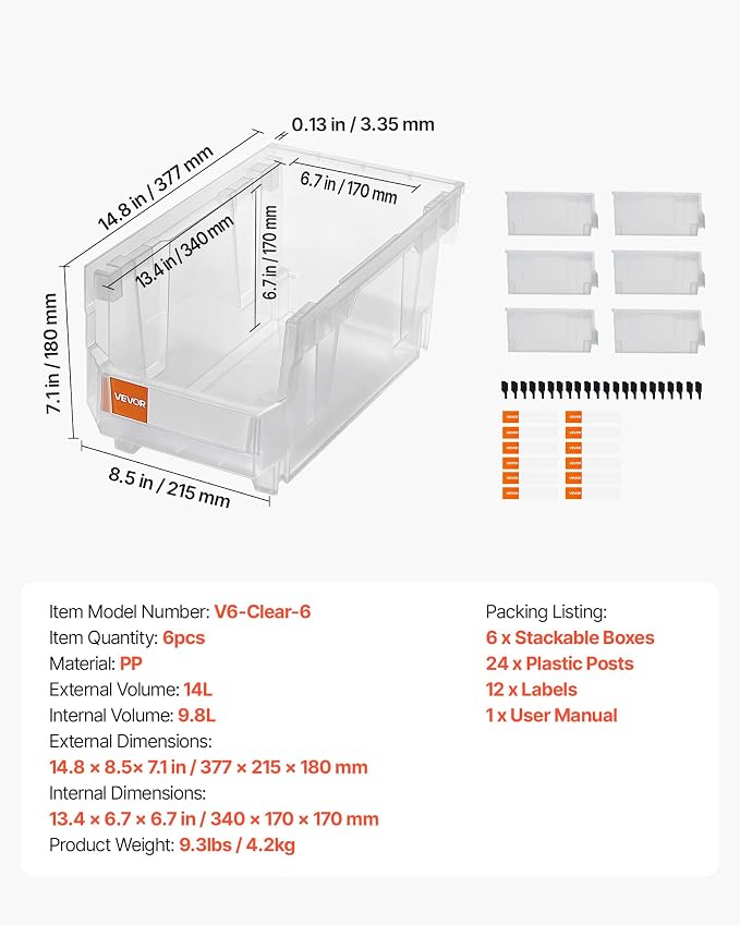VEVOR Plastic Stackable Storage Bins, 14.8 x 8.5 x 7.1 inch (6 Pack), Plastic Containers for Organizing & Storage Bins for Closet, Garage, Small Parts, Office Supplies, Other Accessories, Transparent - Image 7