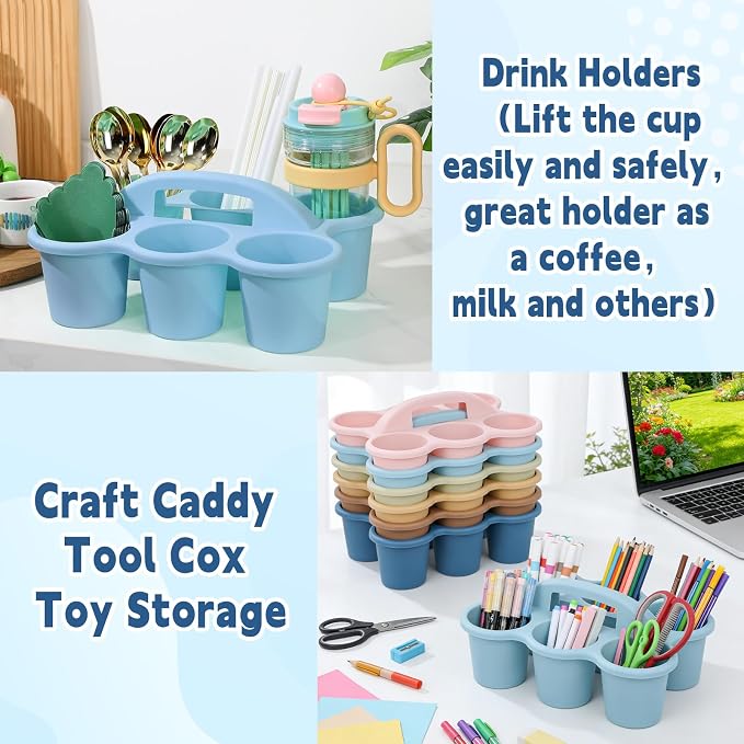 gisgfim 6 Pack Classroom Caddy Organizer with Handle Boho Plastic Table Caddy Drink Cup Caddies Holder 12x9x3.5 Inches Storage School Supplies 6 Compartments for Table Crayon Pencil Cup Marker Craft - Image 5