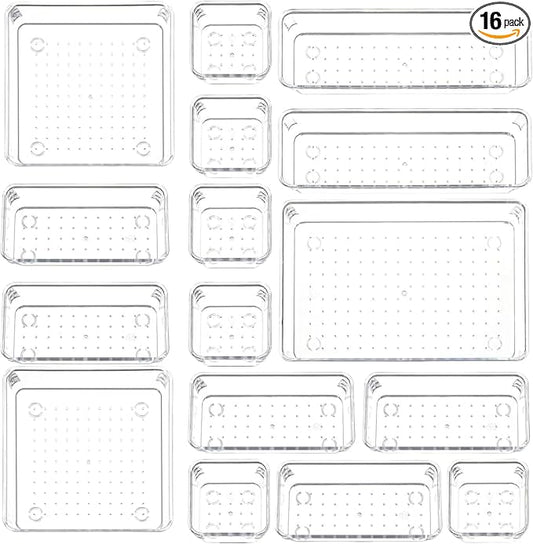 16 PCS Clear Drawer Organizers Set, 5 Varied Size Bathroom and Kitchen Drawer Cabinet Organizer Trays, Clear Plastic Desk Drawer Divider Organizers and Storage Bins for Makeup,Jewelry,Gadgets,Office by Unknown