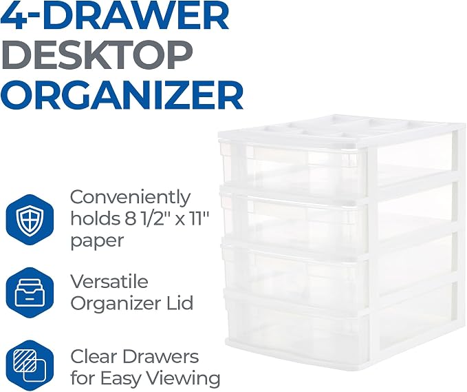 Gracious Living Drawer Organizer, 4-Tier Plastic Storage Desktop Drawers, White Frame - Stackable Clear Desk Containers & Organizers for Shelves, Bathroom, Closet, Kitchen Pantry & Office Organization - Image 8
