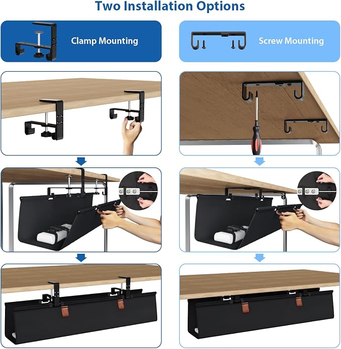 Zilink No Drill Under Desk Cable Management Tray 30" Cord Organizer for Table Clamp/Screw Mount Desk Cable Management Sturdy Waterproof Fabric Cord Hiders for Office, Home - Image 2