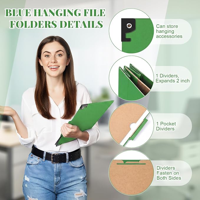 Henoyso 10 Pcs Hanging Classification Folders,1 Pocket Divider,Green | Letter Size, Hanging File Folders with 1 Pockets, 2" Expansion, 4 Prong Fasteners, 1/3 Tab Cut, 4 Sections, Pressboard Manila - Image 3