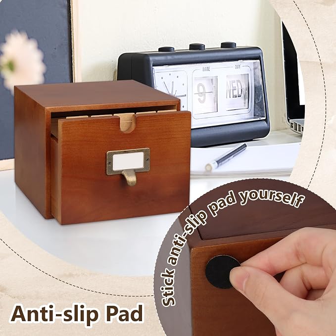 4x6 Index Card Holder Wooden Index Card Storage Box with Drawers Brown Vintage Card Catalog Box Recipe Notecard Box 5 Index Cards Dividers 2 Letter Smile Stickers for School Office - Image 7