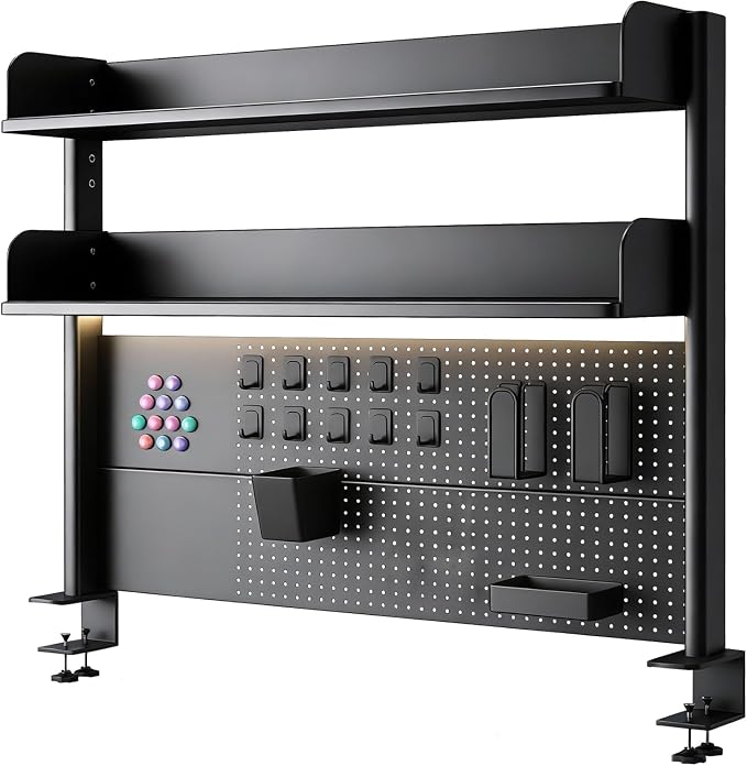 Clamp On Desk Pegboard Shelf - Metal Desktop Organizer Hutch with 2 Shelves | Storage and Display, Desk Add-On Shelf for Office, Dorm Room, Bedroom, Black, 23.6In by CHSSIH
