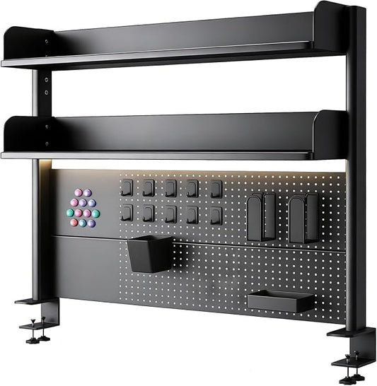 Clamp On Desk Pegboard Shelf - Metal Desktop Organizer Hutch with 2 Shelves | Storage and Display, Desk Add-On Shelf for Office, Dorm Room, Bedroom, Black, 31.4In by CHSSIH