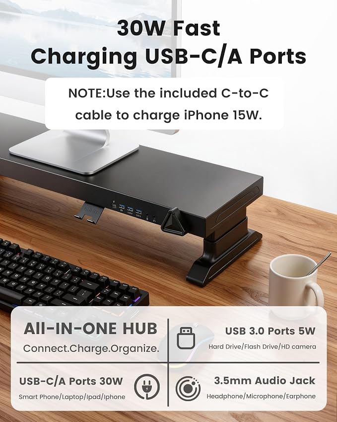 Height Adjustable Dual Monitor Stand Riser with 6-Port USB Hub, Black | Fits Dual 27" Monitors, Charge & Sync Multiple Devices, Ergonomic Height, Solid Steel Material, Cable Management, Quick Setup - Image 3