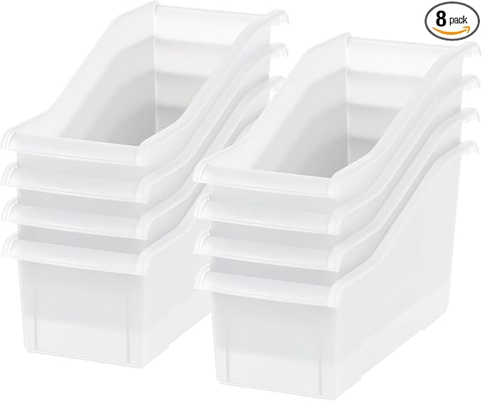 IRIS USA 8-Pack, Connecting Book Bin Organizer Magazine Holder, Clear | Organize books, magazines, notebooks, binders, and school supplies with vertical storage and connecting design by IRISUSA
