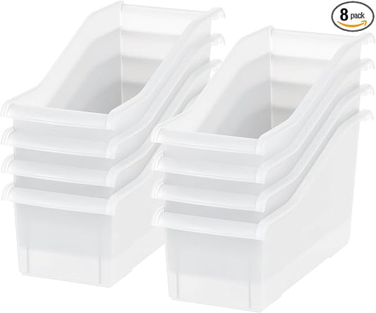 IRIS USA 8-Pack, Connecting Book Bin Organizer Magazine Holder, Clear | Organize books, magazines, notebooks, binders, and school supplies with vertical storage and connecting design by IRISUSA