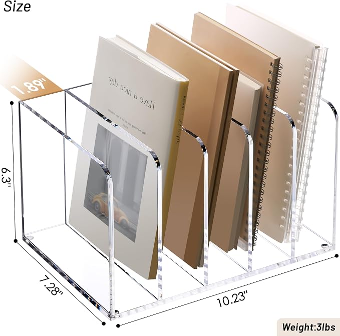 YUXUN Acrylic Magazine Holder,Clear Desk Organizer Vertical File Sorter Holder Stand for Notebook,Paper,Envelope,Magazine, Book Storage-Office/Home/Classroom Organization (5 Compartments,B5) - Image 2
