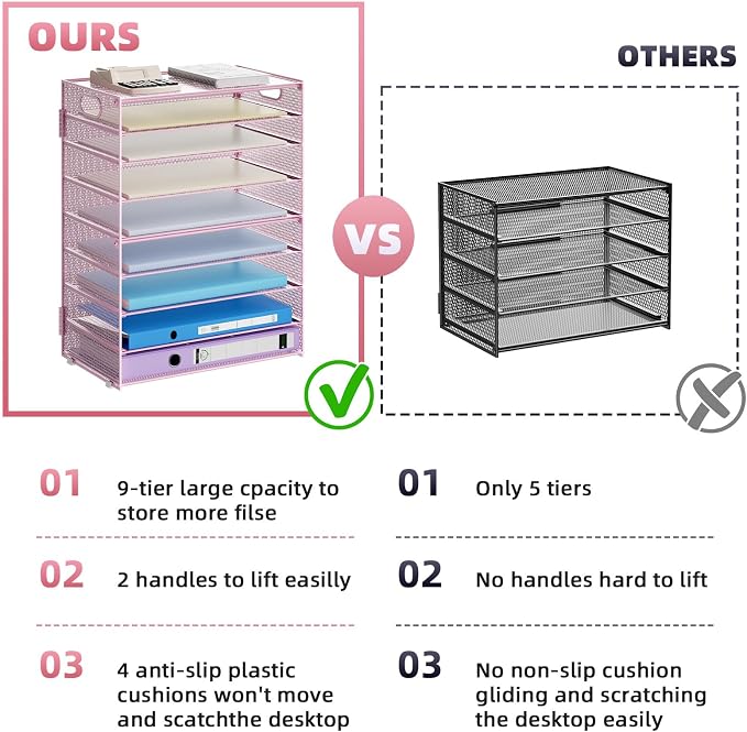 Marbrasse Paper Organizer Letter Tray, 9 Tier Mesh File Organizer with Handle, Paper Sorter Desk Organizer for Home Office Supplies - Pink - Image 2