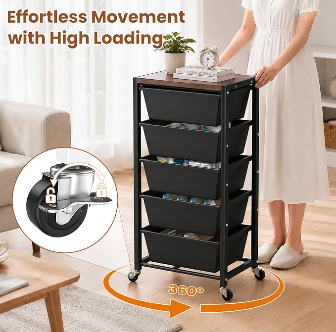 Rolling Cart with 5 Drawers, Plastic Drawer Storage Carts with Wheels & Wooden Tabletop, Metal Utility Cart for Office Bedroom Living Room Classroom, Craft Organization and Storage, Black - Image 7