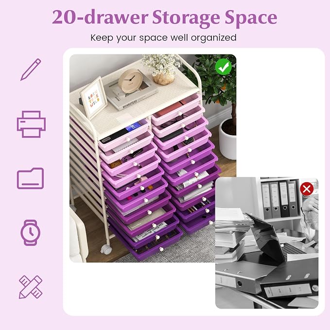GOFLAME 20-Drawer Rolling Storage Cart, Multifunctional Art Craft Organizer Cart, Mobile Utility Storage Cart with Removable Drawers & Lockable Wheels, Craft Cart for Home Office, Purple Gradient - Image 4