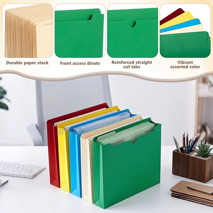 Zhehao 100 Pack 2 Inch Expanding File Folder Pocket Letter Size File Jackets Expandable Pockets Assorted Colors Heavy Duty Manila Document Organizer Reinforced Straight Cut Tab for Home Office - Image 4
