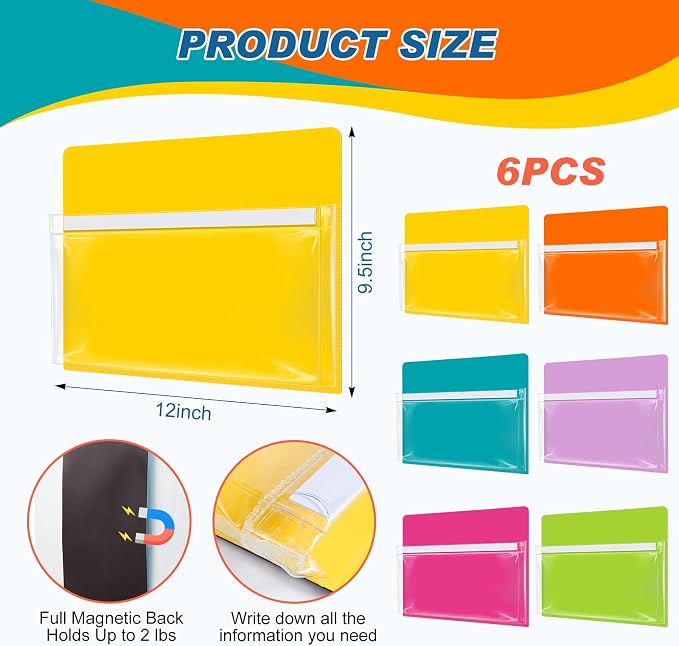 Fuutreo 6 Pack 12 x 9.5 Inch Magnetic File Holder,Bright Color,Horizontal | Clear Pocket, Label Insert, Wall File Organizer for Whiteboard Fridge Locker Office, Magazine Holder for Paper Mail - Image 2