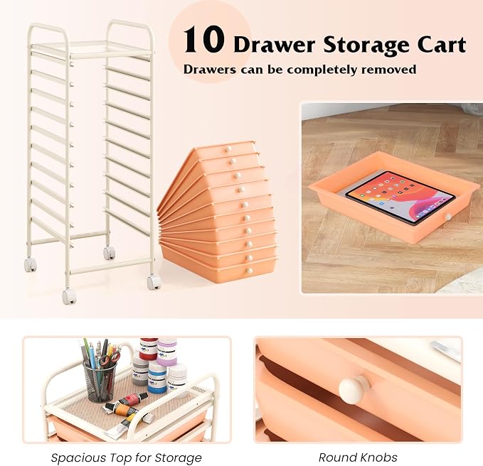 Storage Cart, Rolling Utility Cart with 10 Drawers, Portable Handles & Lockable Wheels, Mobile Paper Toys Storage Organizer Large Capacity for Home Office School Teacher (Peach) - Image 4
