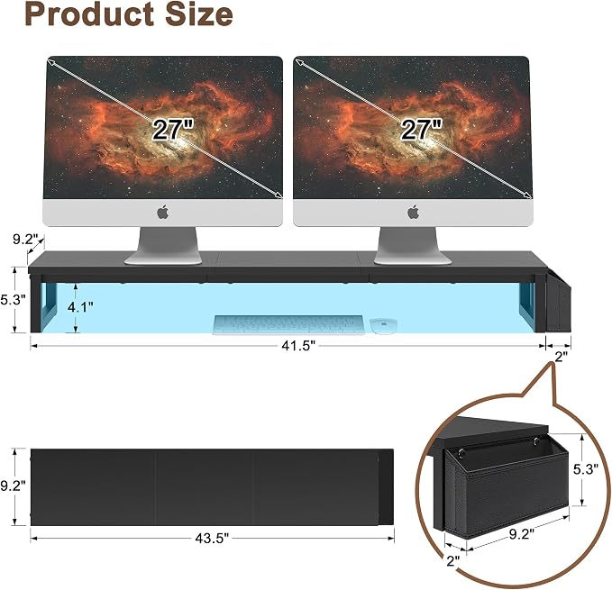 LAND·VOI Dual Monitor Stand Riser,41.5'' Long Monitor Stand for 2 Monitors, Wood and Steel Computer Monitor Stand, Desktop Oraganizer with Pen Holder, Monitor Riser for Desk Computer,Laptop,TV, Black - Image 6
