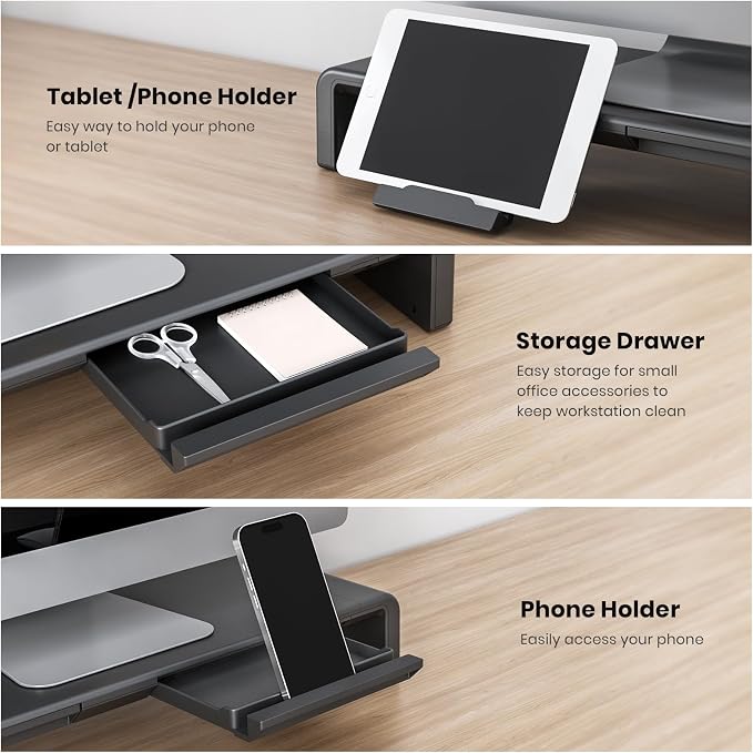 Klearlook Computer Monitor Stand for Desk, Adjustable Foldable Monitor Riser with Storage Drawer & Tablet Phone Holder for Office, Home, Laptop, Desktop (Black) - Image 5