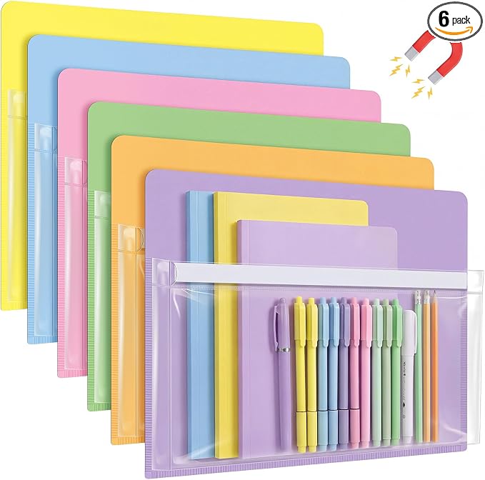 Fuutreo 6 Pack 12 x 9.5 Inch Magnetic File Holder,Macaron Color,Horizontal | Clear Pocket, Label Insert, Wall File Organizer for Whiteboard Fridge Locker Office, Magazine Holder for Paper Mail by Fuutreo