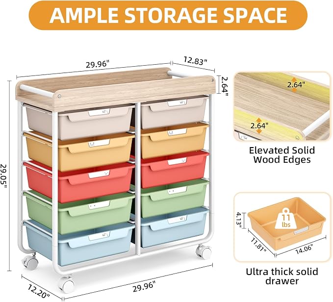10 Drawer Rolling Storage Cart with Wood Top for Classroom Crafts Colorful | Easy Setup, Large Capacity, Sturdy Build, Lockable Mobility, For office, classroom and home supplies - Image 3