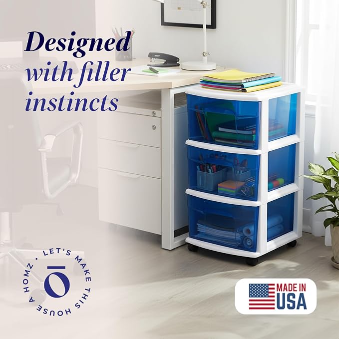 HOMZ Drawer Tower, 3-Tier Storage Cart with Removable Wheels, White Frame | Wide Plastic Organizer with Clear Bin Drawers for Bedroom, Bathroom, Home Office, and Dorm Rooms - Image 3