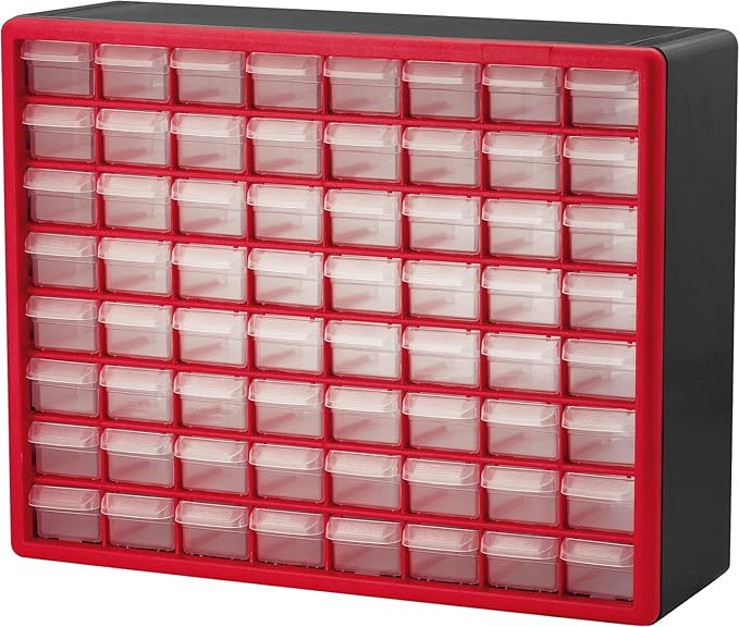 Akro-Mils 64-Drawer Plastic Storage Cabinet, 20" W x 6" D x 16" H, Red | Plastic Cabinet w/ Drawers for Garage Organization, Beads, Building Bricks Storage, Teacher Toolbox, Makeup Organizer, 10164 by Akro-Mils