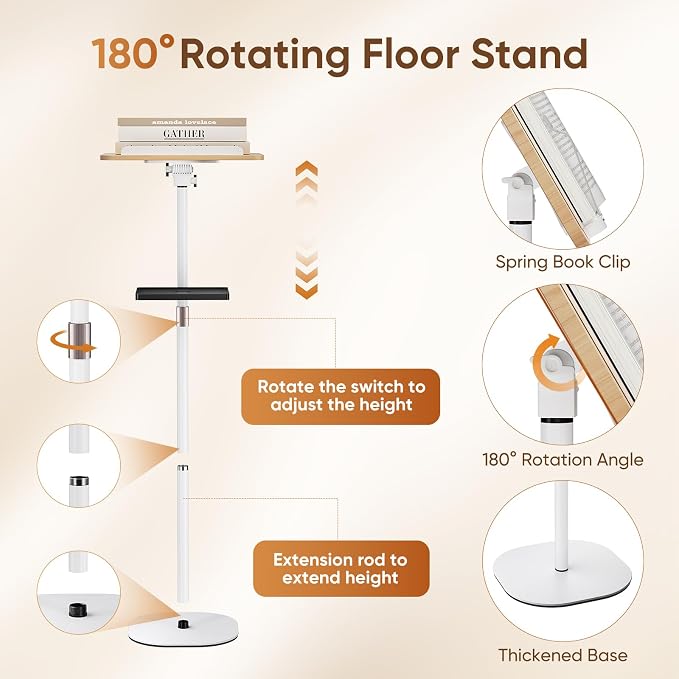 2 in 1 Adjustable Floor Book Stand & Music Stand with Removable Tray, 19.7" to 51.2" Foldable Reading Book Holder with Page Clips for Laptop, Cookbooks, Sheet Music, Wooden Podium Stand for Projector - Image 5