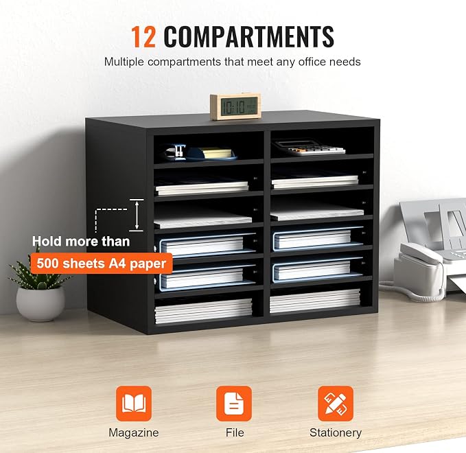 VEVOR Literature Organizers, 12 Compartments Office Mailbox with Adjustable Shelves，Wood Literature sorter 20.4x12x16.1 inches for Office, Home, Classroom, Mailrooms Organization, EPA Certified Black - Image 4