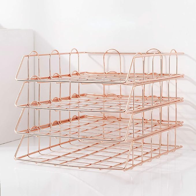 Jolitac Rose Gold 4-Tier Stackable Paper Tray Desk Organizer, Workspace Decorative Stacking Rack Supplies Holder, Metal Letter Trays for File Documents in Home & Office (Rose Gold) - Image 3