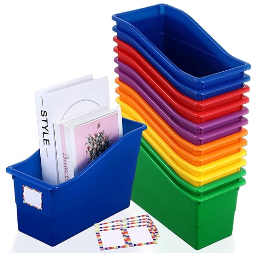 gisgfim 12 Pack Large Book Bins with Labels (Rainbow) | Durable Plastic,Stackable Magazine Organizer,Storage Bins for Classroom,Library,Office,Bookshelf Categorization by gisgfim