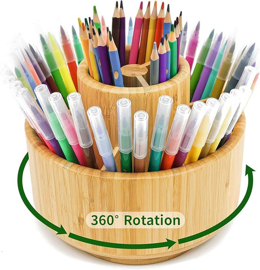 VaeFae Bamboo Pen Holder Organizer, 360° Rotating Art Supply Organizer, Desktop Storage for Marker Pens, Colored Pencil, Art Brushes, etc. by VaeFaeDirect