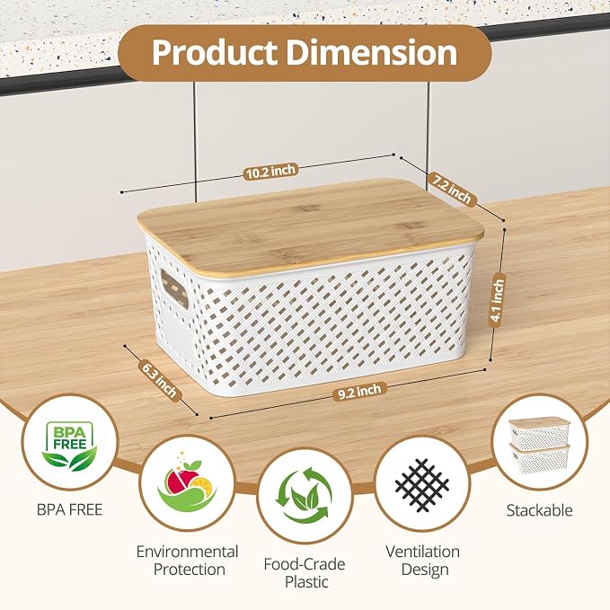Plastic Storage Bins with Bamboo Lids, Stackable Small Box Baskets for Organizing and Containers for Shelves Drawers Desktop Closet Pantry Classroom Office Home, 6 Pack 10.2x7.2x4.1 Inch, White - Image 2