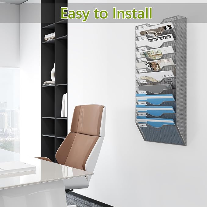 EasyPAG 10 Pocket Mesh Wall File Organizer, Hanging Paper Folder Holder with Classify Label, Vertical Wall Mount Mail Organizer for Office Home Classroom, Silver - Image 6