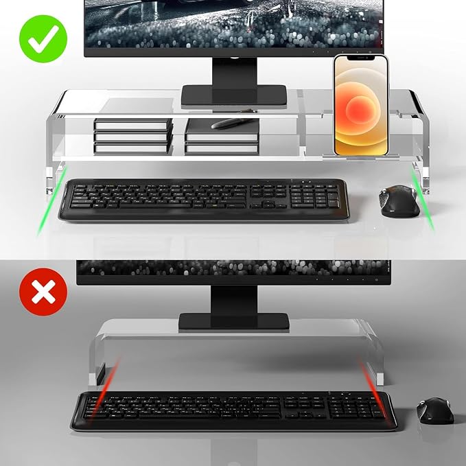 BEYGORM Acrylic Monitor Stand for Full Keyboard, 20" Wide 2-Tier | Clear Riser with Storage Shelf and Phone Holder, Desktop Organizer for Laptop, Printer & Screen - Image 3