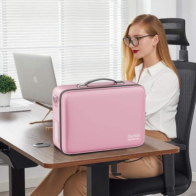 DocSafe Fireproof Document Box with Lock＆Shoulder Strap,Hard Case File Organizer with Accordion File Folder,Multi-Layer Portable Home Office Travel Safe Storage for Important Documents Laptop Pink - Image 9