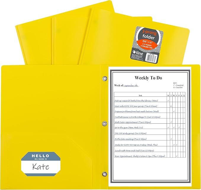 C-Line Two-Pocket Heavyweight Poly Portfolio with Prongs, For Letter Size Papers, Includes Business Card Slot, 1 Case of 25 Portfolios, Yellow (33966-25) by C-Line