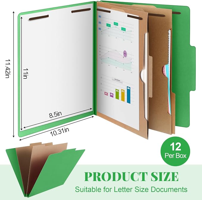 12 Pcs Skyygemm Classification Folder Letter Size, 2 Pocket File,Green | Back to School Supplies, File Organizer with Fastener, Expanding File Organizer Bulk for Office Employee, Staff, Teacher - Image 2