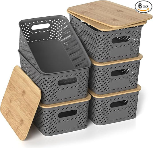 Plastic Storage Bins with Bamboo Lids, Stackable Small Box Baskets for Organizing and Containers for Shelves Drawers Desktop Closet Pantry Classroom Office Home, 6 Pack 10.2x7.2x4.1 Inch, Gray by ZFTMRR