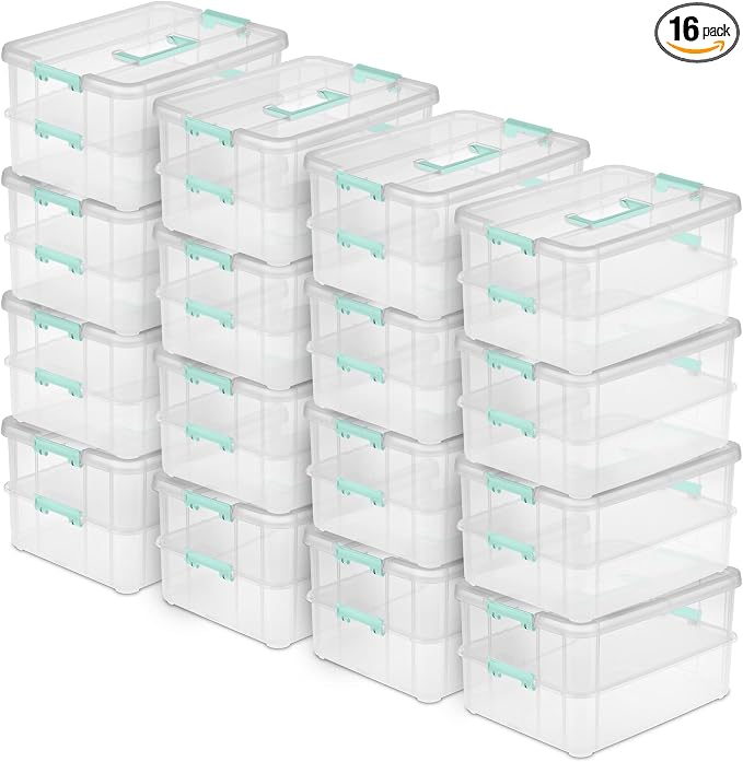 Sterilite 16-Pack Stack & Carry, 2 Layer Handle Box for Home & Office Storage - Clear Base & Lid with Color Latches, Organizer for Art & Craft Supplies, Sewing Tools or 8.5" x 11" Paper by Sterilite
