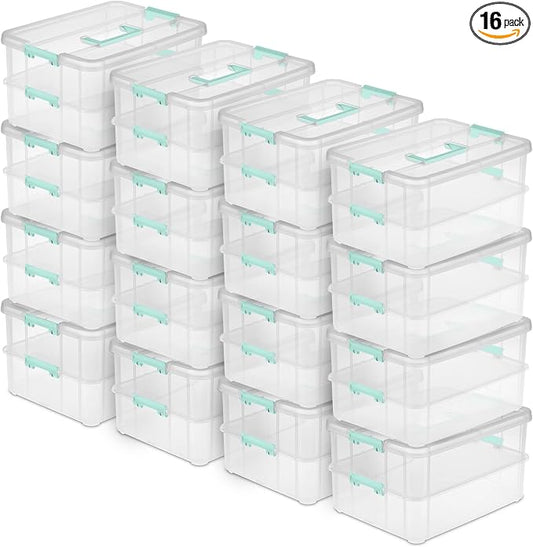 Sterilite 16-Pack Stack & Carry, 2 Layer Handle Box for Home & Office Storage - Clear Base & Lid with Color Latches, Organizer for Art & Craft Supplies, Sewing Tools or 8.5" x 11" Paper by Sterilite